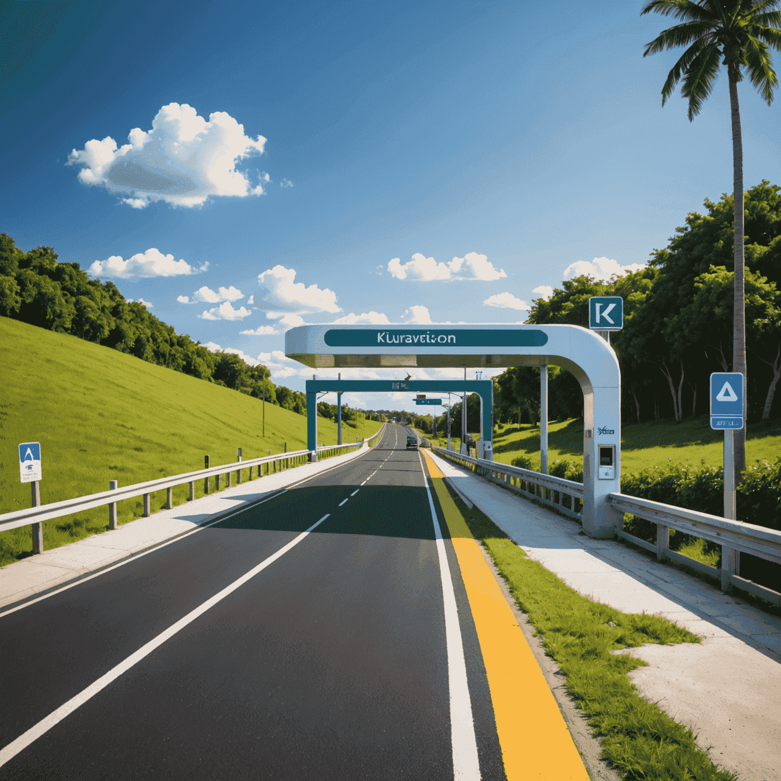 kuunderwear logo - A stylized road with toll booth and recharge symbol