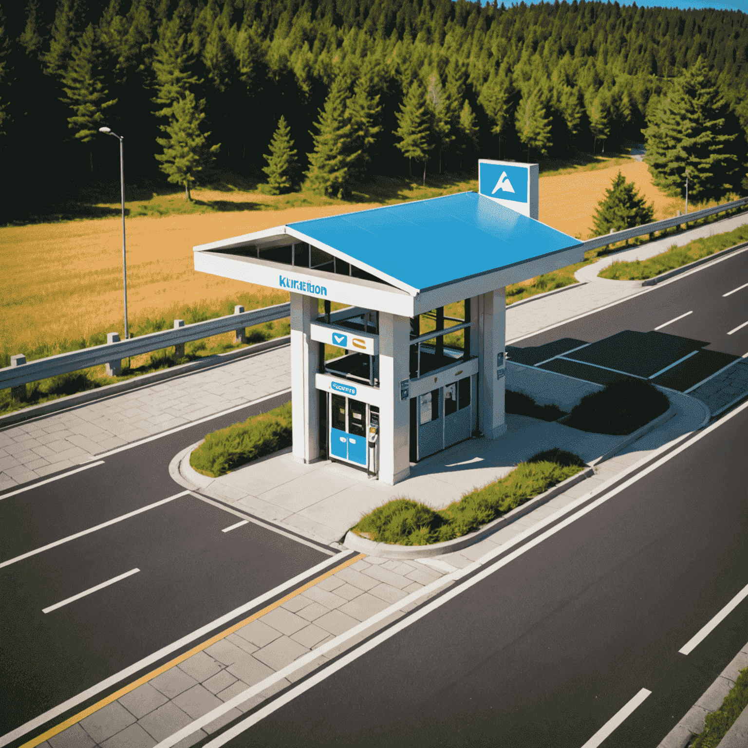 kuunderwear logo - A stylized road with toll booth and recharge symbol