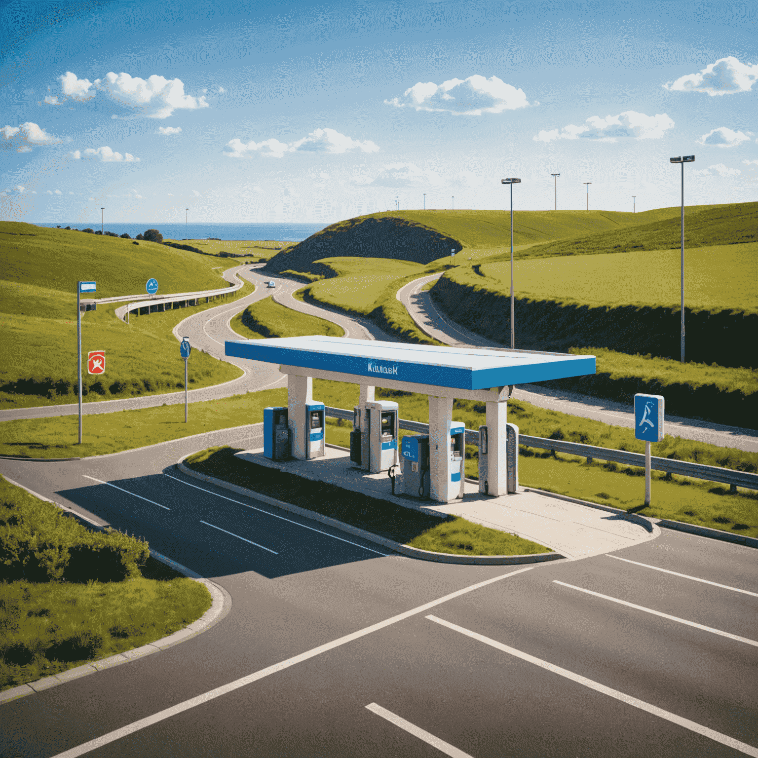 kuunderwear logo - A stylized road with toll booth and recharge symbol