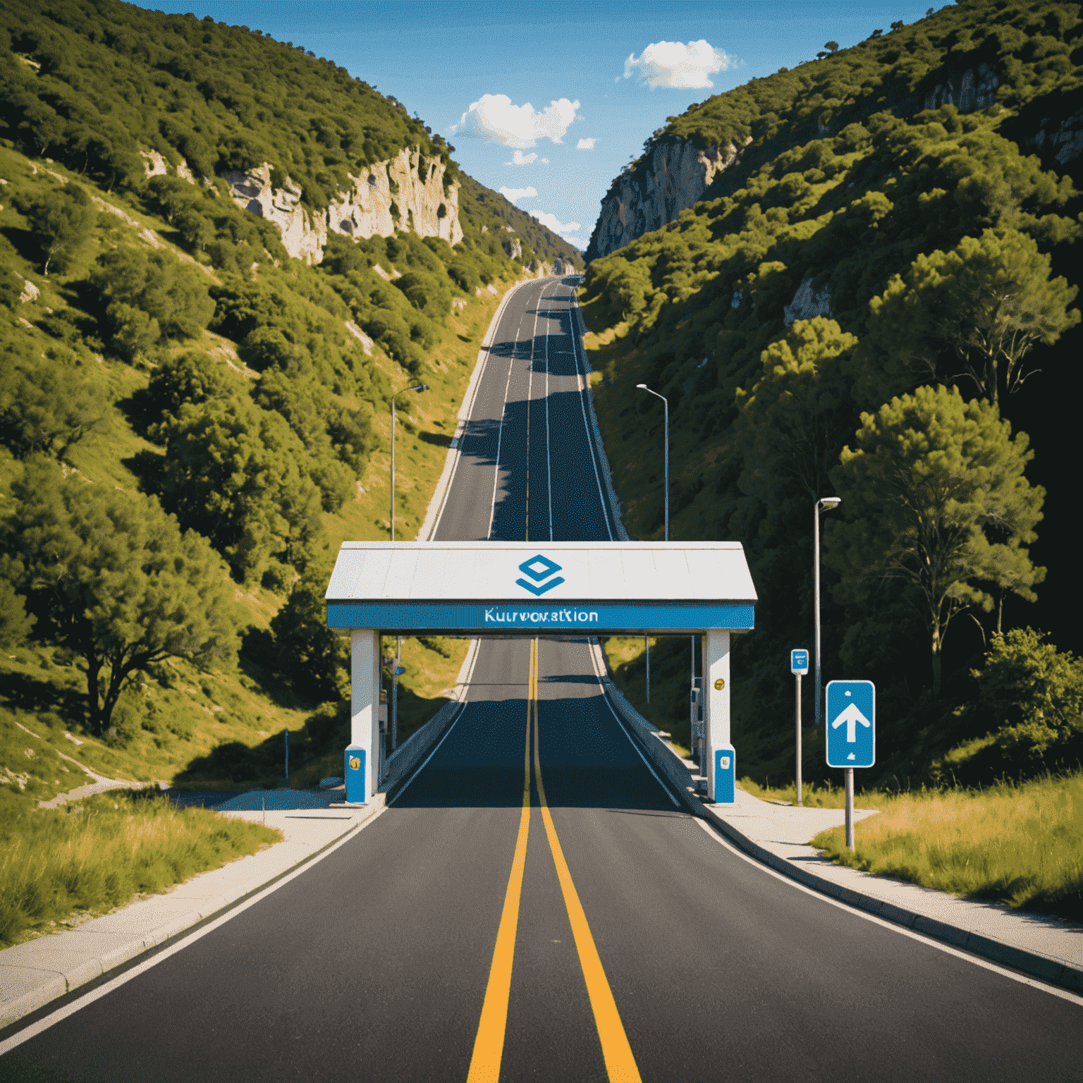 kuunderwear logo - A stylized road with toll booth and recharge symbol