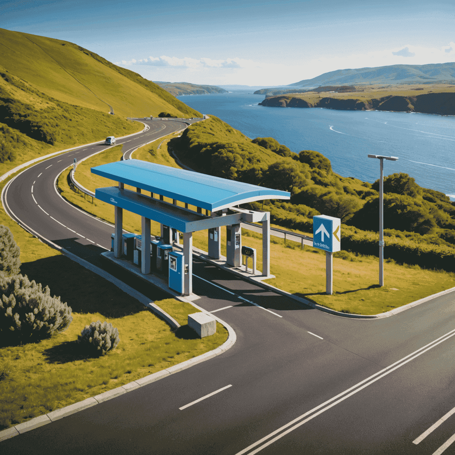 kuvacationtop logo - A stylized road with toll booth and recharge symbol