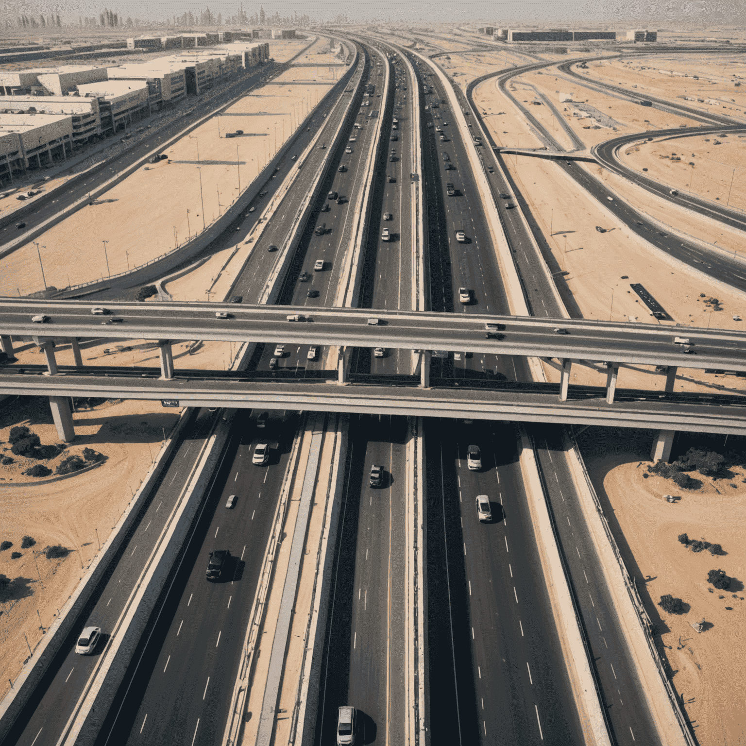 Aerial view of a modern toll road in UAE with electronic toll collection gates and flowing traffic