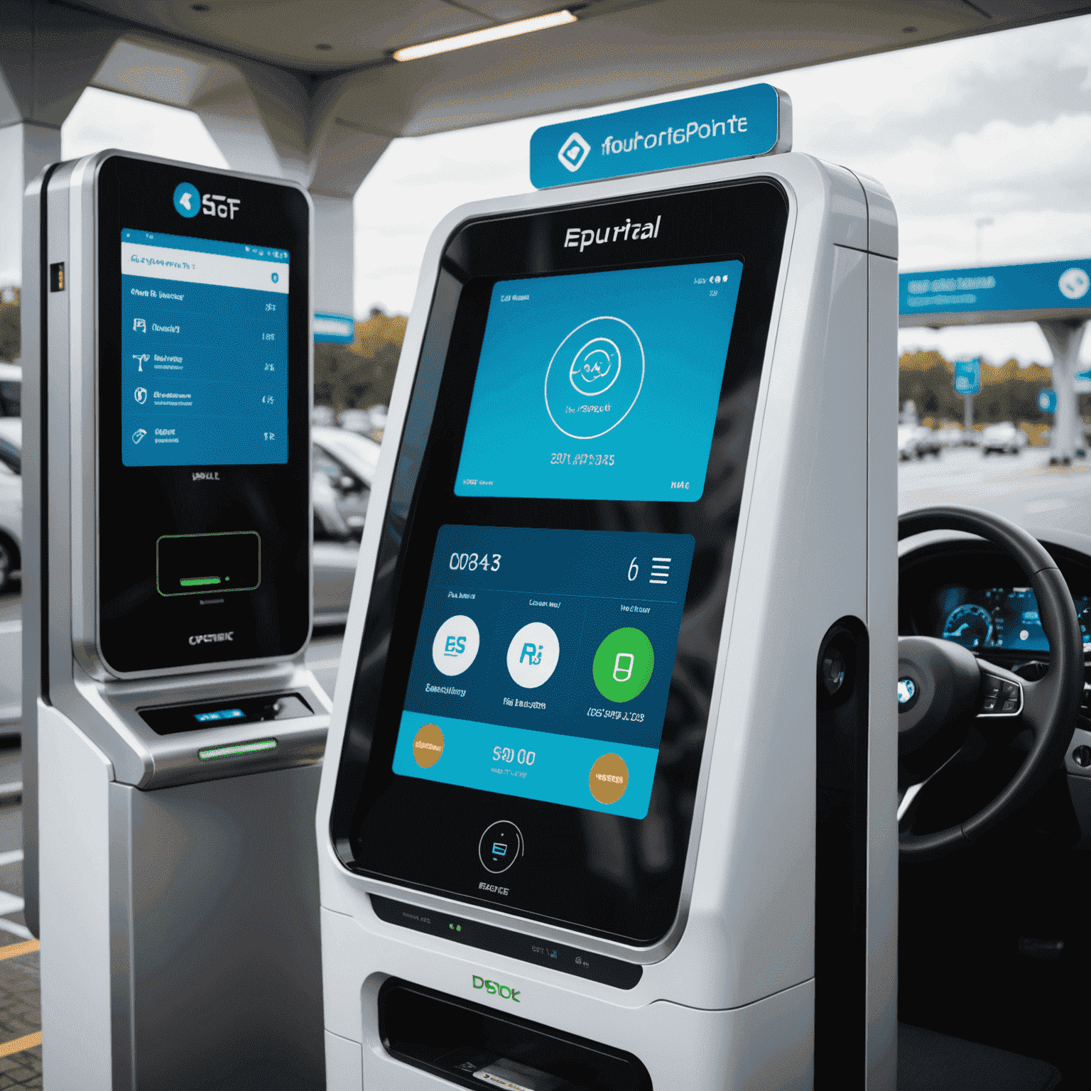 Futuristic toll payment system with digital displays and contactless payment options