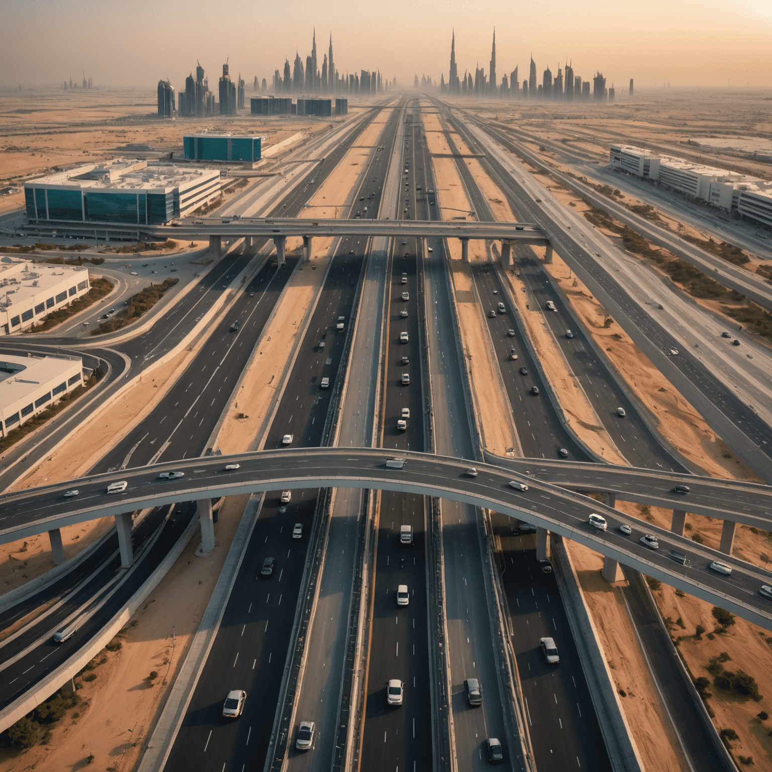 Aerial view of a modern toll road in UAE with smart traffic management systems visible