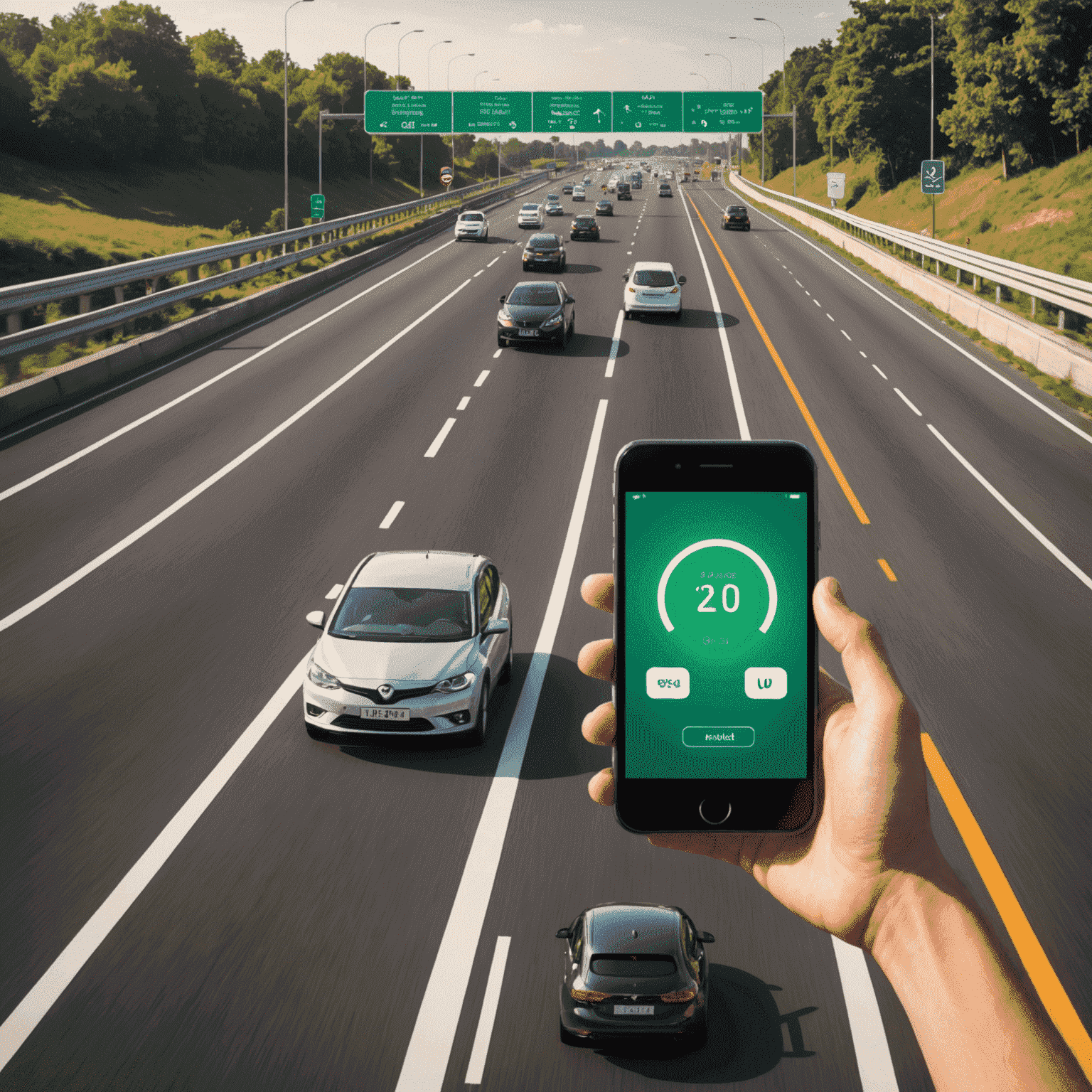 A digital illustration of a toll road with a car passing through and a smartphone displaying a recharge screen. The image conveys the ease and convenience of online toll account top-ups.