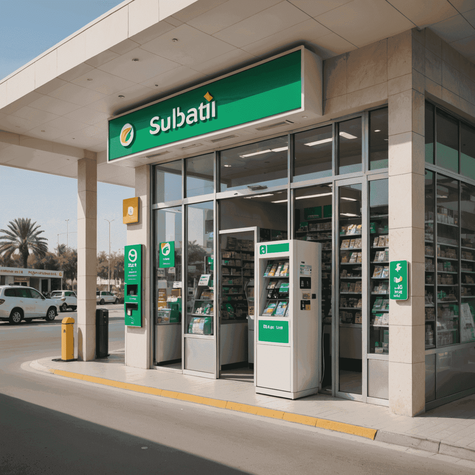 A modern convenience store in Abu Dhabi with a prominent toll recharge sign visible through the window