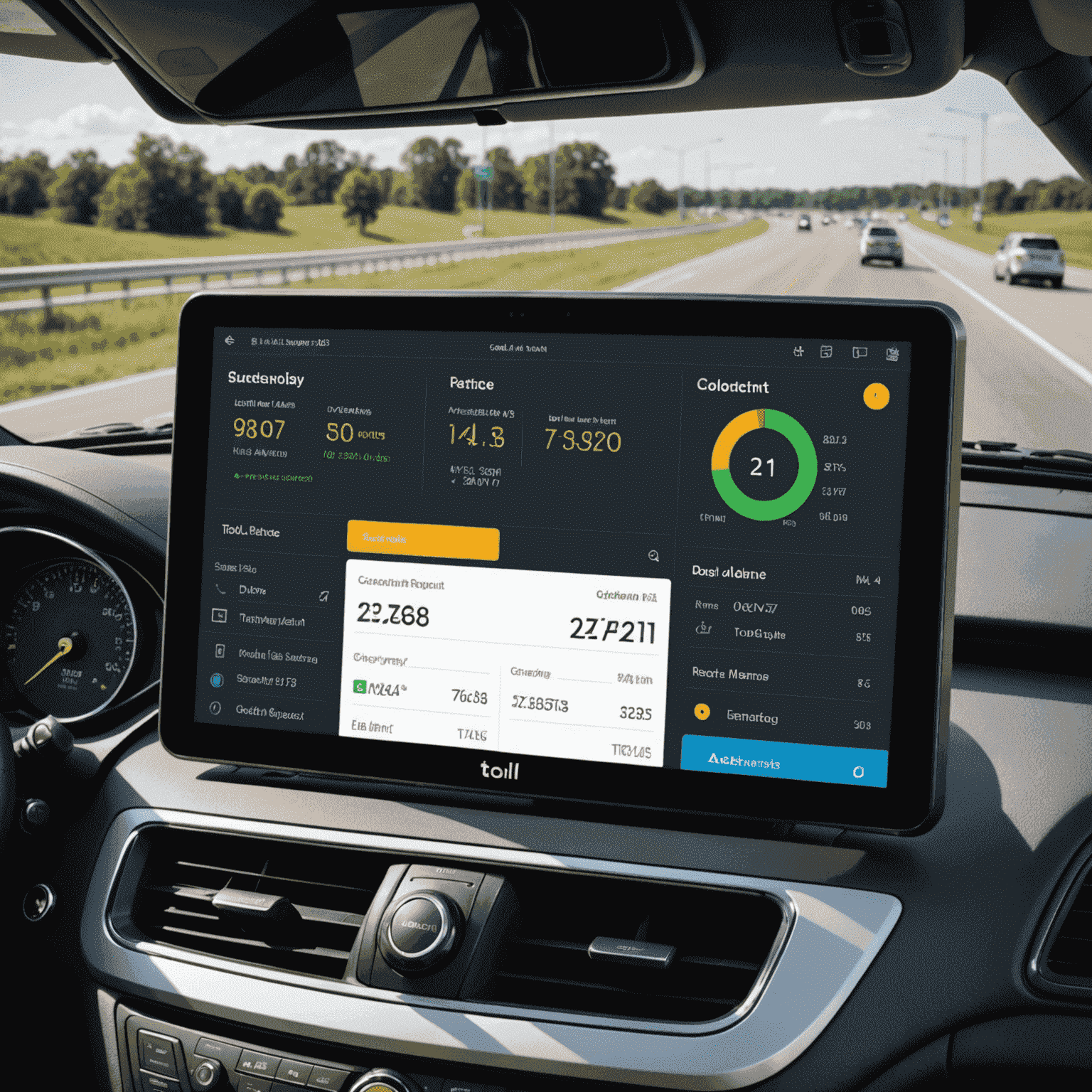 A modern, user-friendly dashboard interface showing account balance, recent transactions, and quick recharge options for a toll road account management system