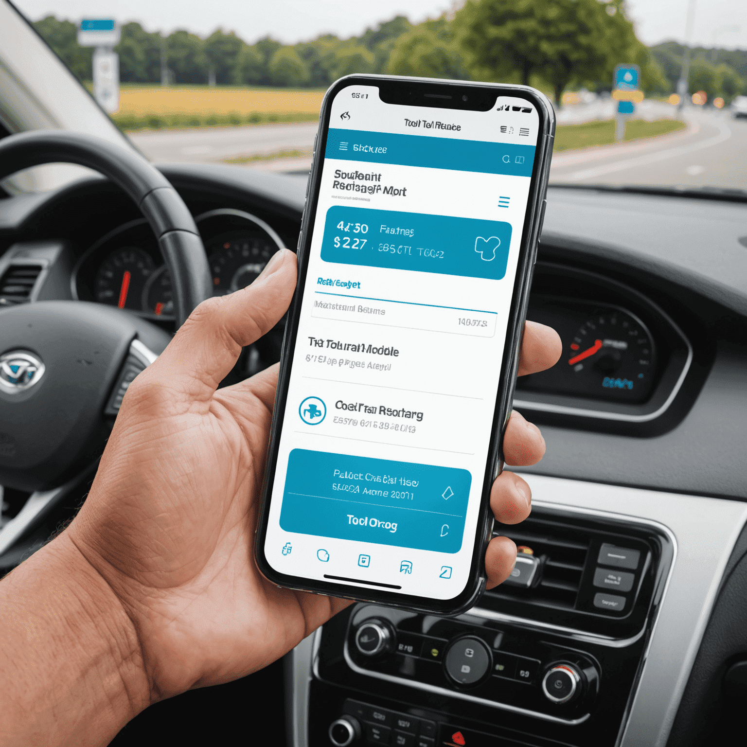 A smartphone displaying the toll road recharge mobile app interface with account balance and payment options