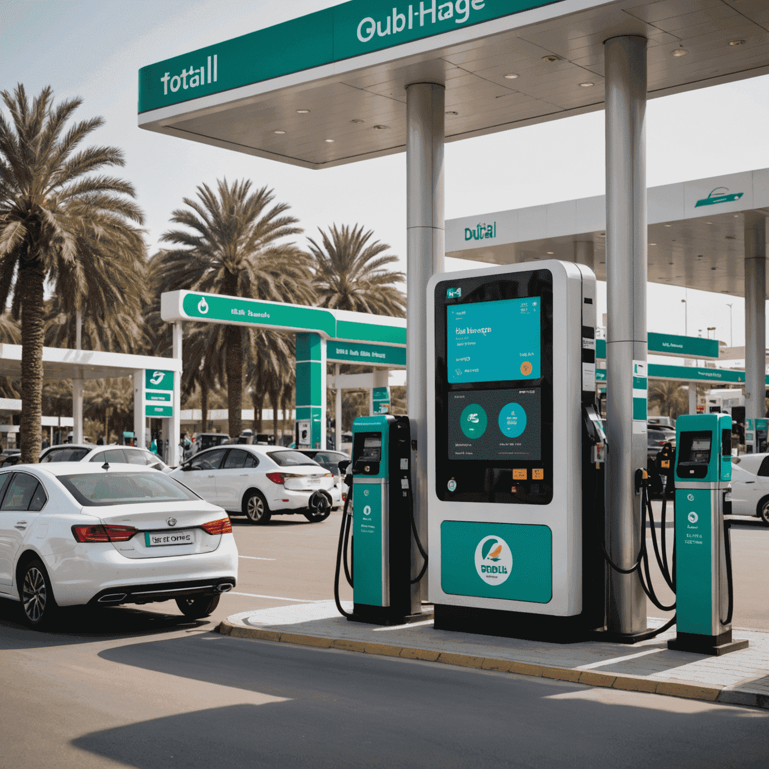 A bustling petrol station in Dubai with a digital screen displaying toll recharge services