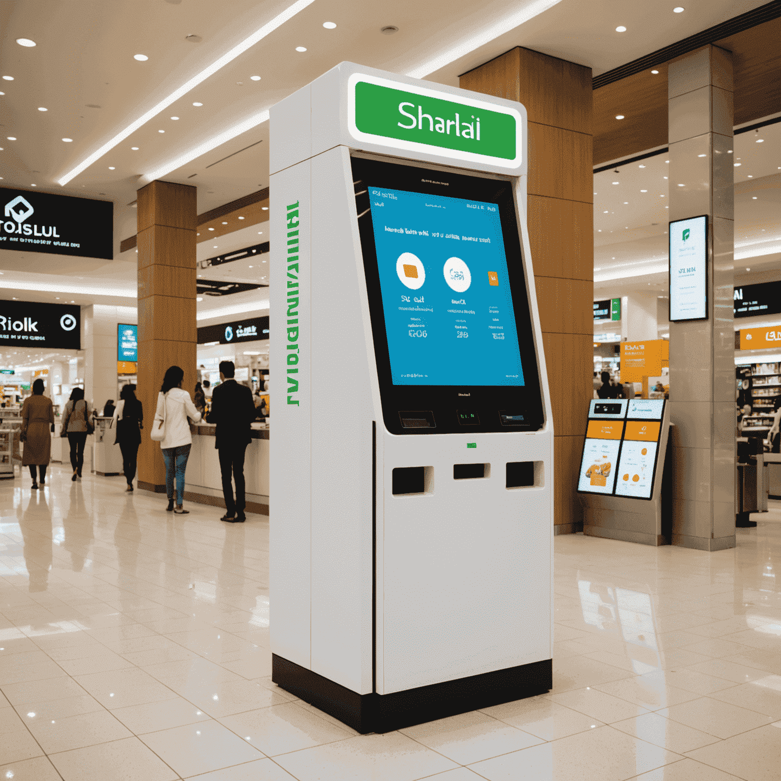 A sleek, modern kiosk in a Sharjah shopping mall dedicated to toll recharges