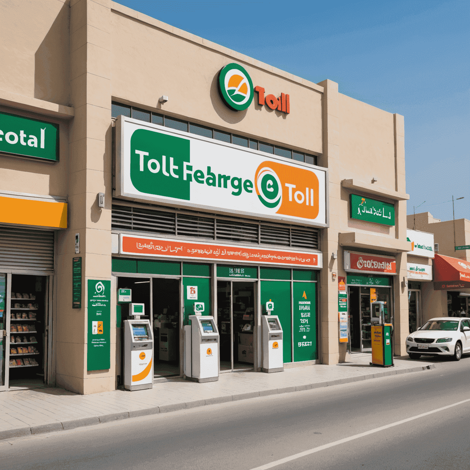 A friendly neighborhood store in Ajman with a banner advertising toll recharge services