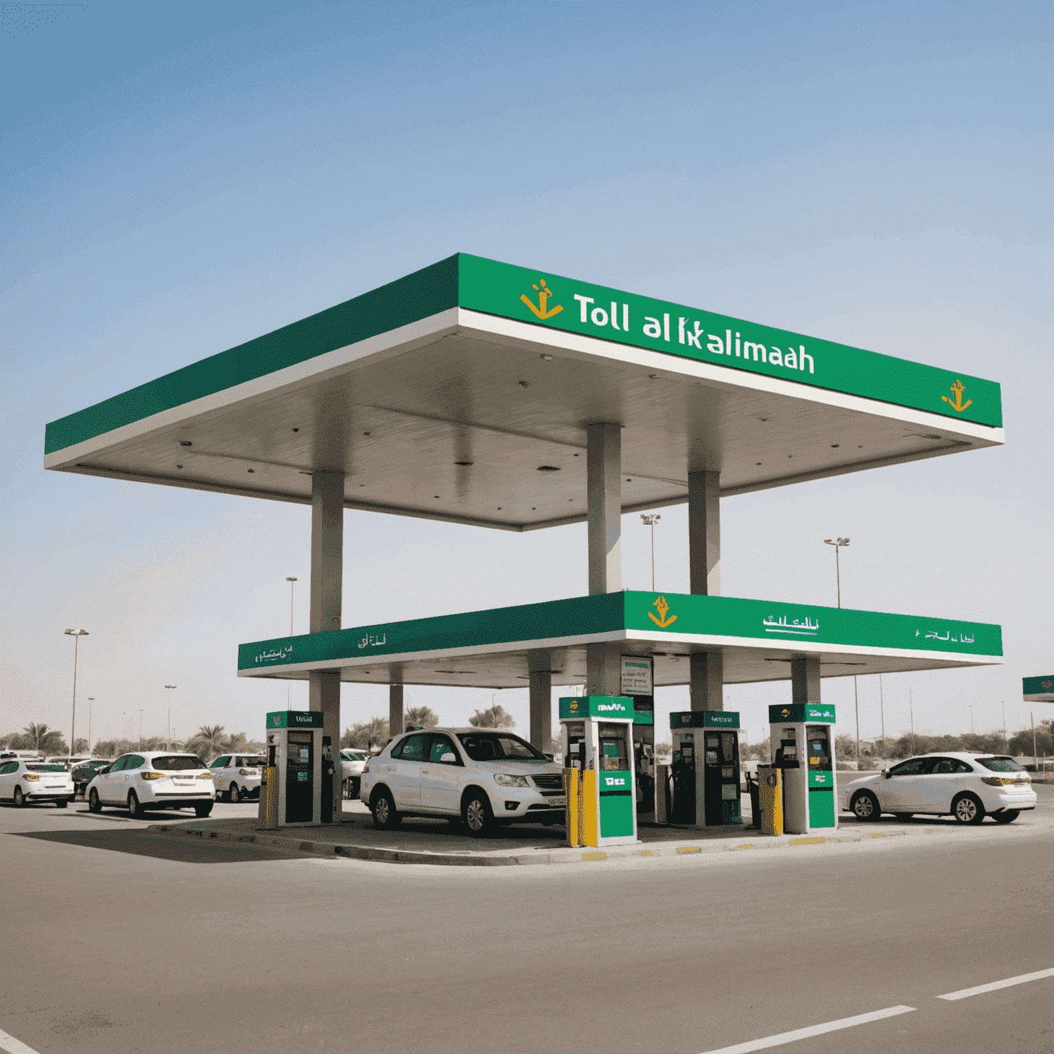 A roadside service station in Ras Al Khaimah with a large sign for toll account recharges